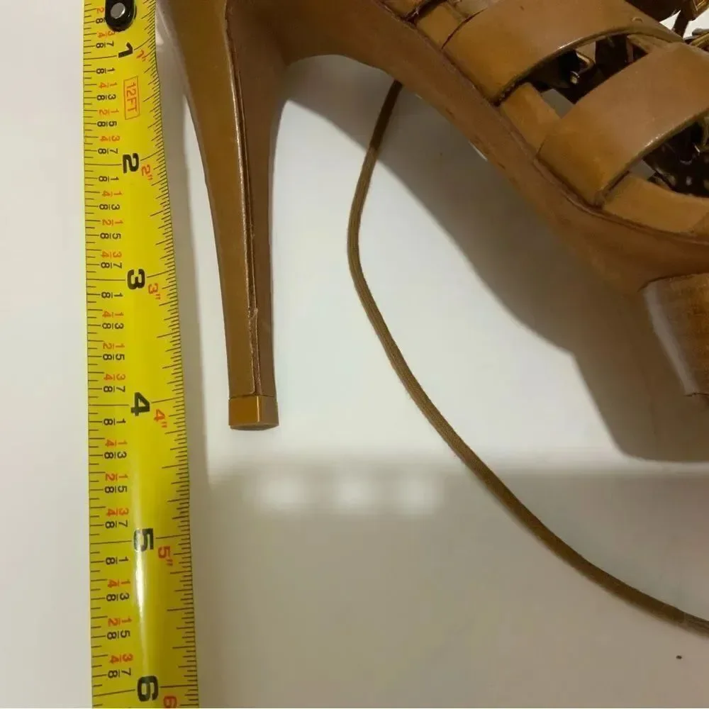 Tory Burch Gladiator Lace Up studded gold platform sandals Tan size 7.5 M
